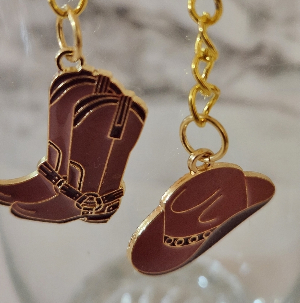 Hand Crafted Gold and Brown Cowboy Boot and Hat Pierced Earrings - Picture 2 of 6